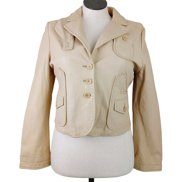 BCBGMAXAZRIA SZ L 100% Leather Butter Tan Short 3 Button Collared Jacket Pockets - Picture 2 of 8